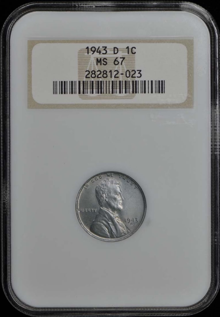 1943-D NGC MS67 Uncirculated Lincoln Wheat Cent: 1943-D NGC MS67 Uncirculated Lincoln Wheat Cent This 1943-D Wheat Reverse Lincoln Cent is an exceptional uncirculated coin, certified by NGC with a grade of MS67. Struck at the Denver mint, this coin 