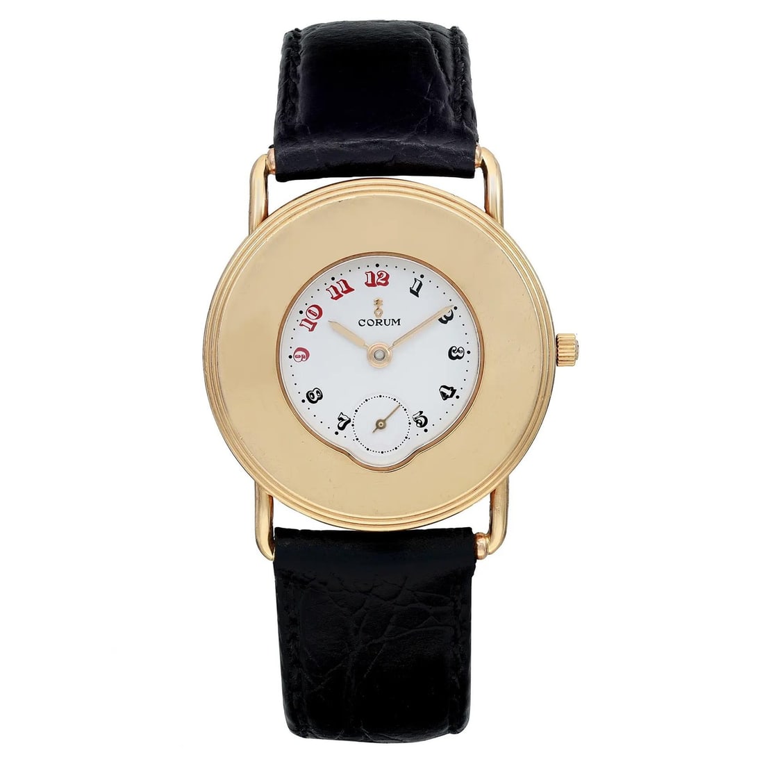 32mm 18K Yellow Gold Corum Quartz Unisex Vintage Wristwatch White Dial: 32mm 18K Yellow Gold Corum Quartz Unisex Vintage Wristwatch White Dial This vintage Corum 32mm wristwatch features an 18K yellow gold round case with a polished finish and a white analog dial with Ara