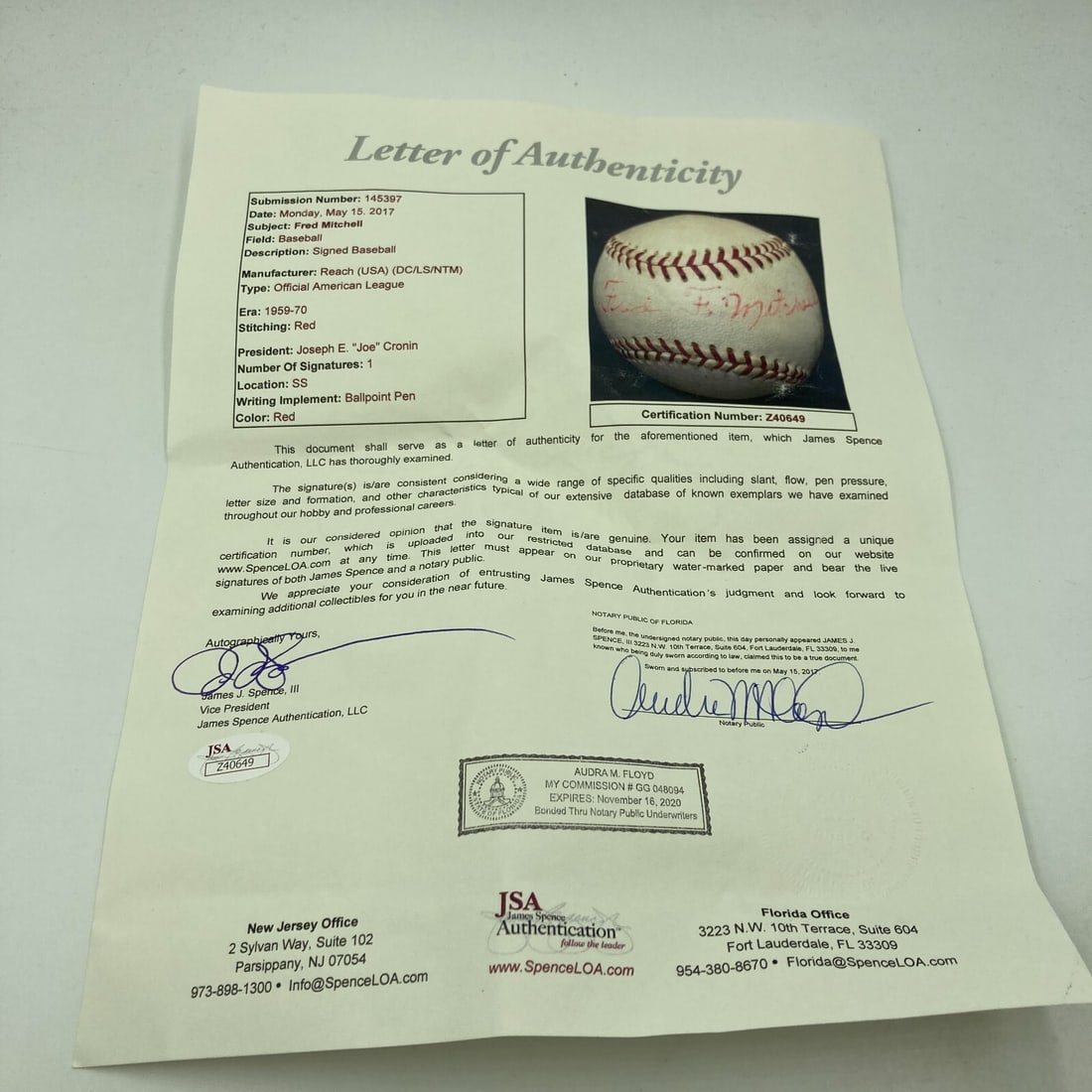Fred Mitchell Signed Baseball First Red Sox Game JSA Authenticated - 6