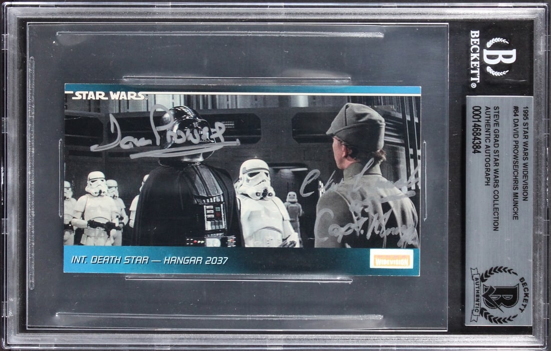 Star Wars Widevision 64 Card Signed by Prowse and Muncke BAS Authenticated: Star Wars Widevision 64 Card Signed by Prowse and Muncke BAS Authenticated This 1995 Star Wars Widevision #64 trading card features authentic signatures from David Prowse and Chris Muncke, including a