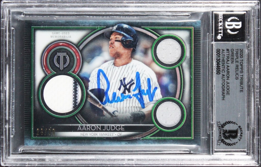 Beckett slabbed Aaron Judge 2020 Topps Tribute Triple Relics card (1 of 2)
