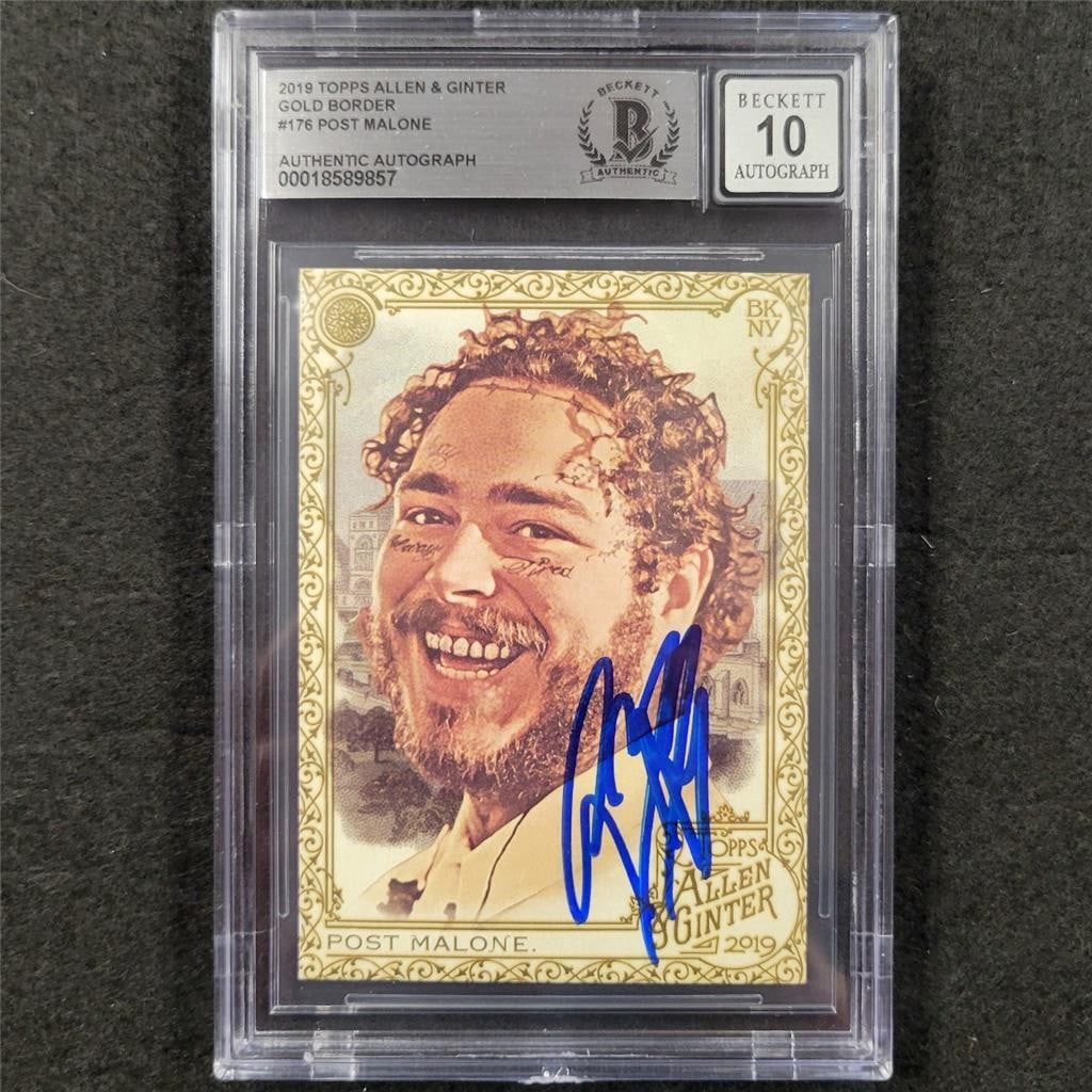 2019 Topps Allen & Ginter Post Malone Gold Border Signed Card BAS 10: 2019 Topps Allen & Ginter Post Malone Gold Border Signed Card BAS 10 This 2019 Topps Allen & Ginter Gold Border #176 trading card features a hard-signed autograph from the multi-talented artist Post M