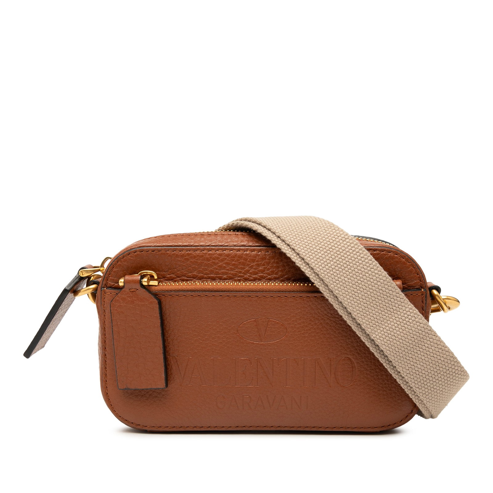 Identity Convertible Belt Bag in Grained Calfskin by Valentino: Identity Convertible Belt Bag in Grained Calfskin by Valentino This Valentino Grained Calfskin Identity Convertible Belt Bag is crafted from brown leather and features a detachable flat strap, a top z