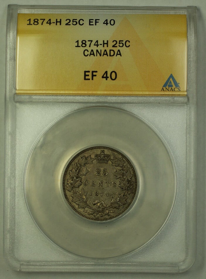 ANACS Graded EF-40 1874-H 25 Cent Silver Coin Canada: ANACS Graded EF-40 1874-H 25 Cent Silver Coin Canada This 1874-H Canada Silver Quarter features Queen Victoria and is composed of 92.5% silver. Certified by ANACS with an EF-40 grade, this circulated 