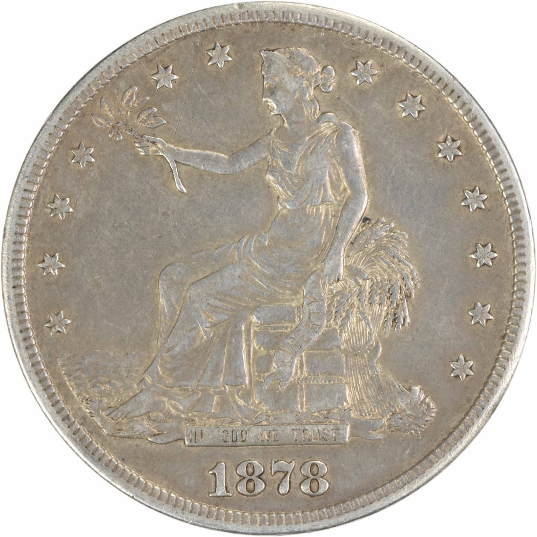 1878-S Trade Silver Dollar Uncertified by William Barber: 1878-S Trade Silver Dollar Uncertified by William Barber This 1878-S Trade Silver Dollar is a circulated coin, ungraded and uncertified, featuring the renowned design by William Barber. Minted in San 