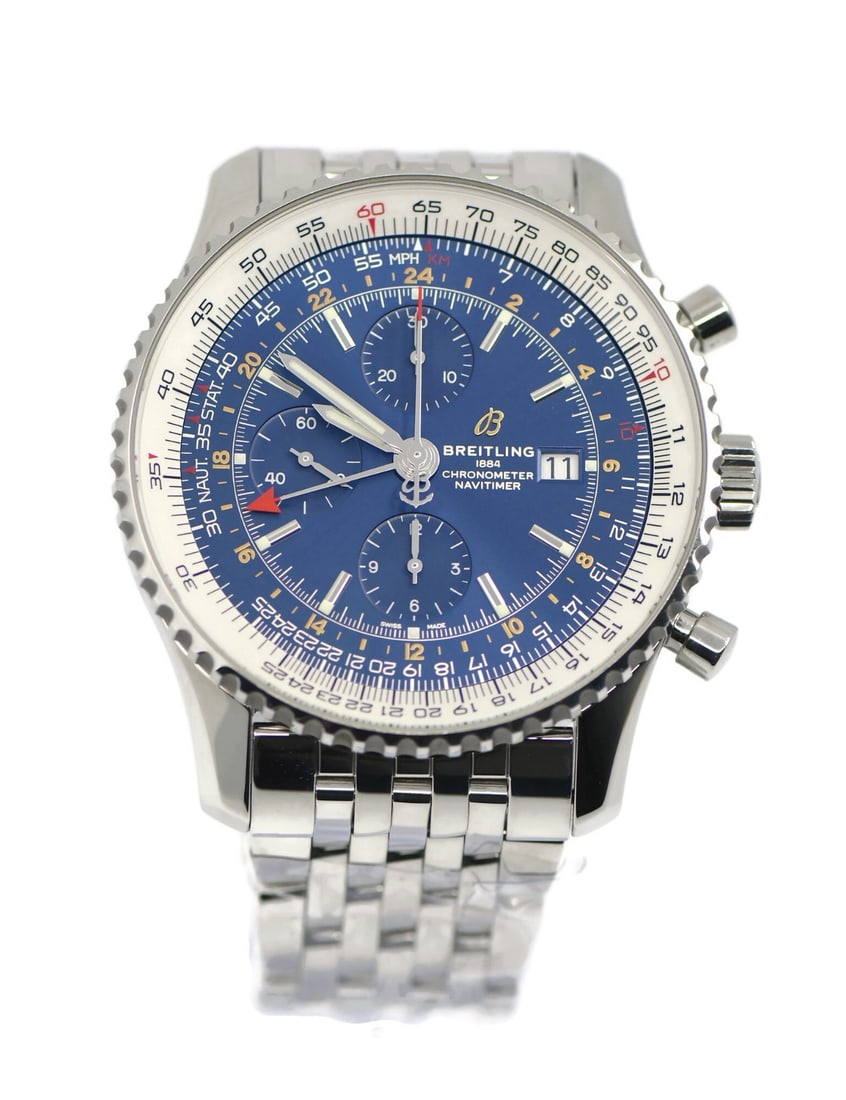 Navitimer GMT Blue Dial Chronograph Stainless Steel A24322 46mm With Box Papers: Navitimer GMT Blue Dial Chronograph Stainless Steel A24322 46mm With Box Papers This Breitling Navitimer GMT Chronograph is a pre-owned wristwatch featuring a 46 mm stainless steel case and a blue ana