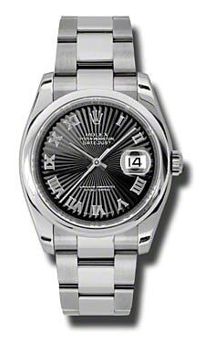 Datejust 116200 Black Sunburst Dial Mens Watch with Papers 2007: Datejust 116200 Black Sunburst Dial Mens Watch with Papers 2007 This is a men's Rolex Datejust, reference 116200, featuring a black sunburst dial and smooth bezel. The watch is paired with an Oyster b