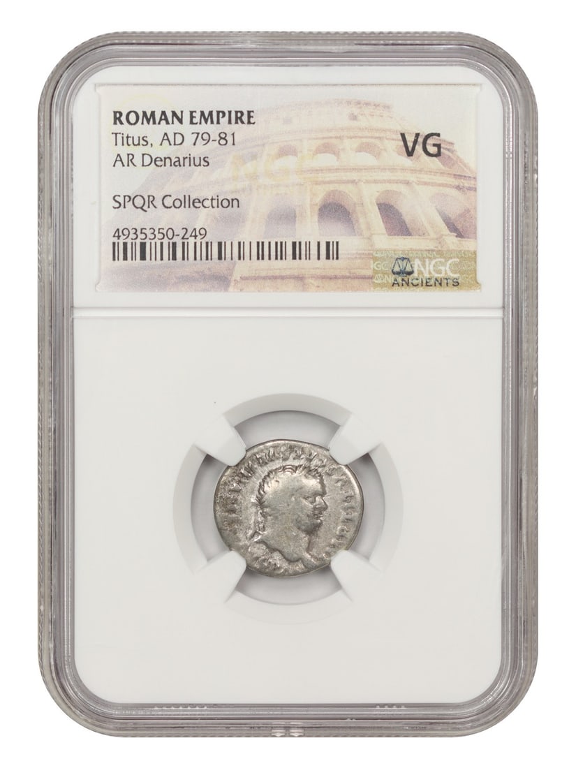 Roman Titus AD 79 to 81 AR Denarius NGC VG: Roman Titus AD 79 to 81 AR Denarius NGC VG This is an ancient Roman AR Denarius coin from the reign of Emperor Titus, who ruled from AD 79 to 81 and is known for completing the Colosseum. The coin is 