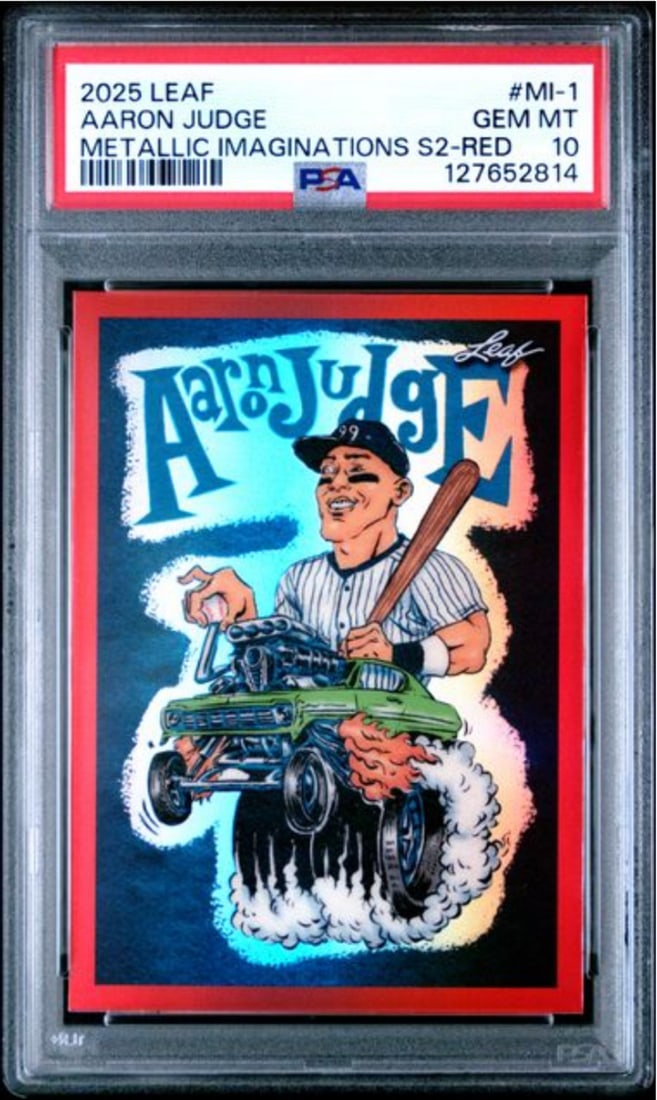 2025 Leaf Aaron Judge #MI1 Metallic Series 2 Red /199 PSA 10 Mint Card: 2025 Leaf Aaron Judge #MI1 Metallic Series 2 Red /199 PSA 10 Mint Card This graded 2025 Leaf Aaron Judge #MI1 Metallic Series 2 Red /199 card is a must-have for any baseball card collector. Featuring 