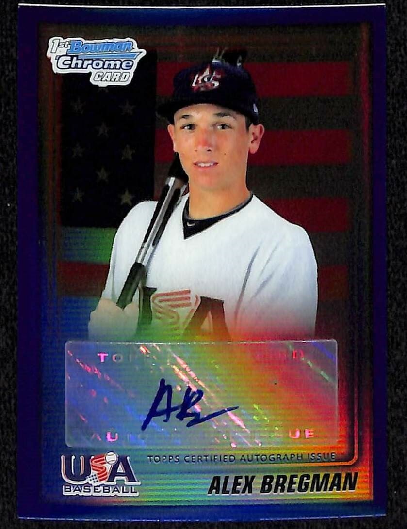 2011 Blue Refractor USA5 Autographed Rookie Card Alex Bregman Limited 52 of 99: 2011 Blue Refractor USA5 Autographed Rookie Card Alex Bregman Limited 52 of 99 This is an original 2011 Bowman Chrome USA5 Blue Refractor baseball card featuring Alex Bregman. The card is a rookie car