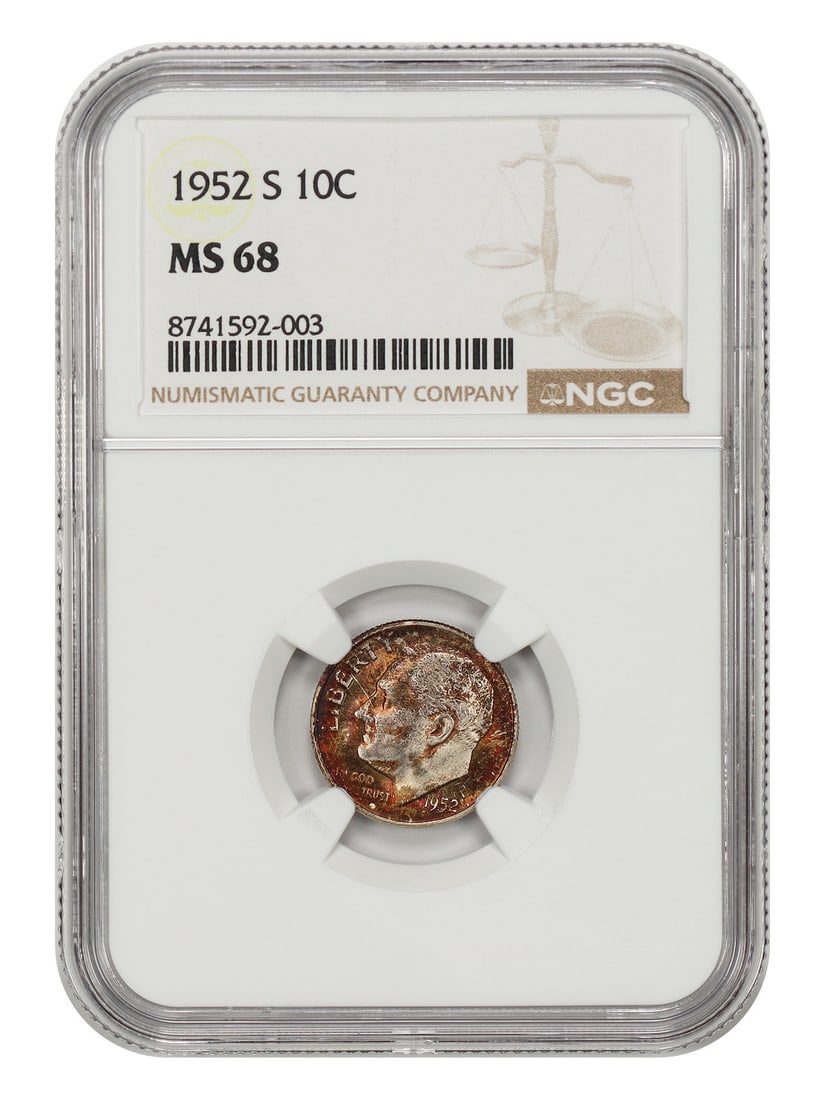 NGC MS68 1952 San Francisco Roosevelt Dime 10 Cent Uncirculated: NGC MS68 1952 San Francisco Roosevelt Dime 10 Cent Uncirculated This is a 1952-S Roosevelt Dime, certified by NGC with a grade of MS68. The coin is uncirculated and was minted in San Francisco. It bel
