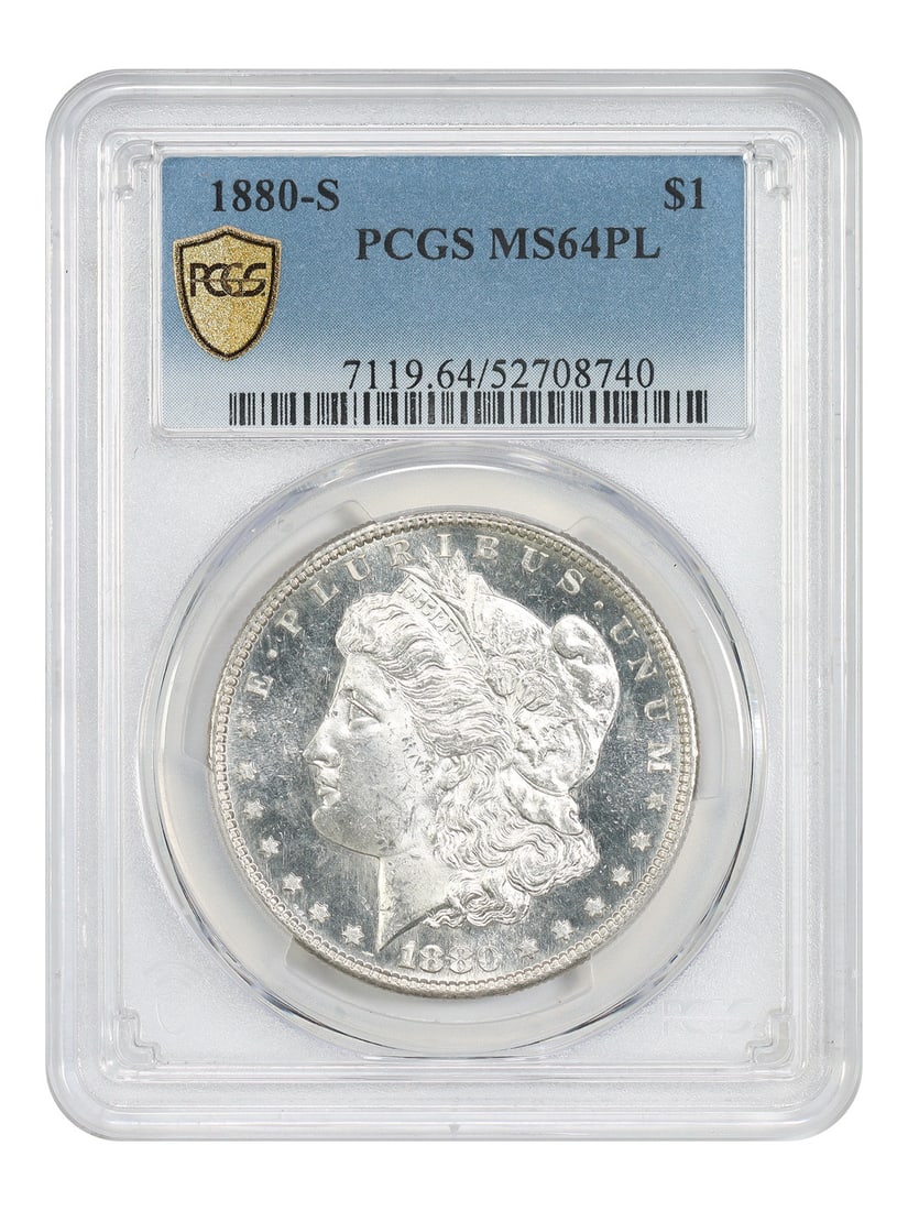 PCGS MS64PL 1880 San Francisco Morgan Silver Dollar Prooflike Uncirculated: PCGS MS64PL 1880 San Francisco Morgan Silver Dollar Prooflike Uncirculated This 1880-S Morgan Dollar is graded MS64PL by PCGS and features prooflike fields. Minted in San Francisco, it is a popular ad