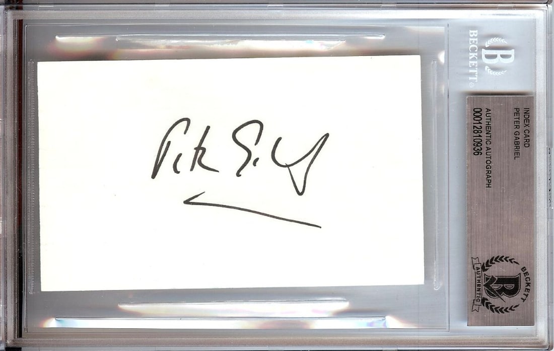 Peter Gabriel Signed 3X5 Index Card Beckett Authenticated Music Legend: Peter Gabriel Signed 3X5 Index Card Beckett Authenticated Music Legend This item features a 3X5 index card autographed by the legendary musician Peter Gabriel, known for his influential work with Gene