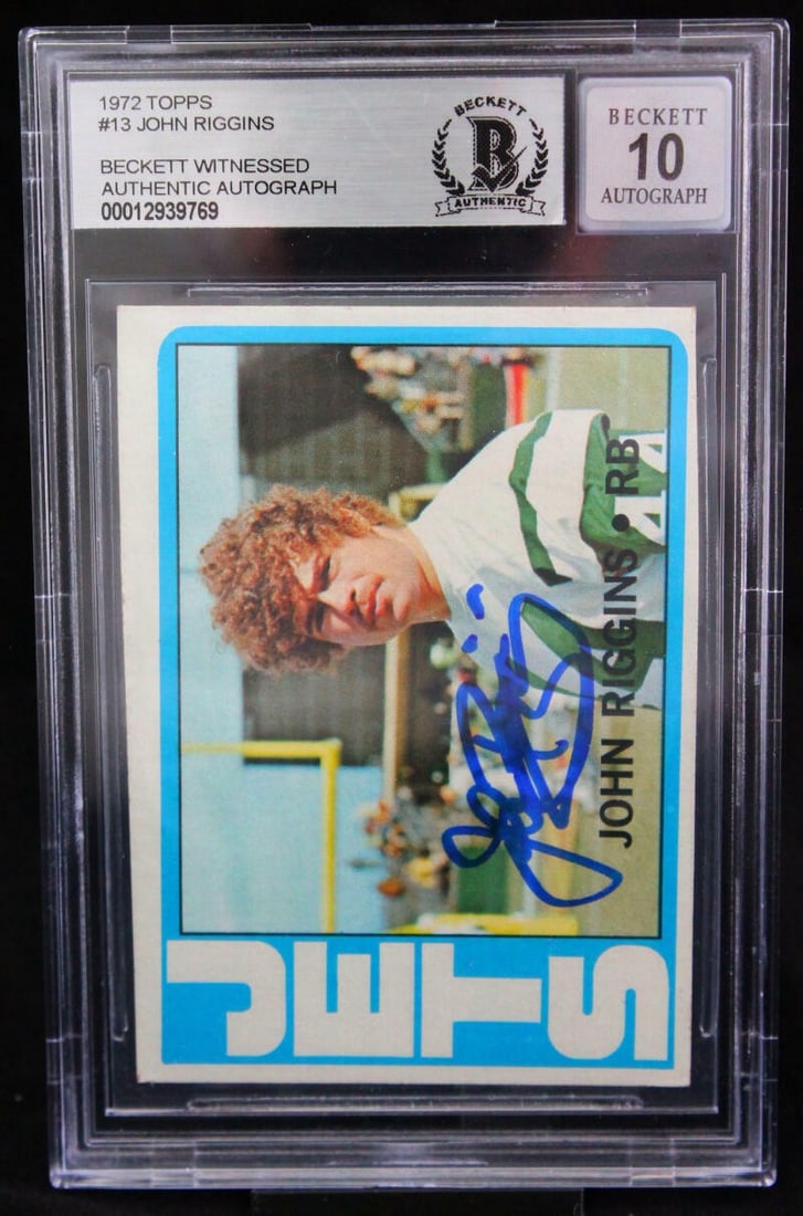 John Riggins Signed 1972 Topps Rookie Card #13 BAS 10 Autograph Jets: John Riggins Signed 1972 Topps Rookie Card #13 BAS 10 Autograph Jets This is an original 1972 Topps #13 sports trading card featuring John Riggins of the New York Jets. The card has been hand signed b