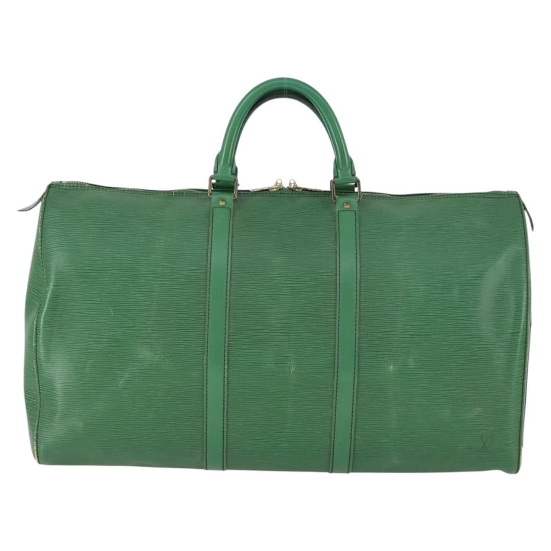Green Epi Leather Keepall Travel Bag by Louis Vuitton: Green Epi Leather Keepall Travel Bag by Louis Vuitton This is a Louis Vuitton Keepall Bag crafted from green Epi leather. Designed for unisex use, it features a spacious interior and durable leather c
