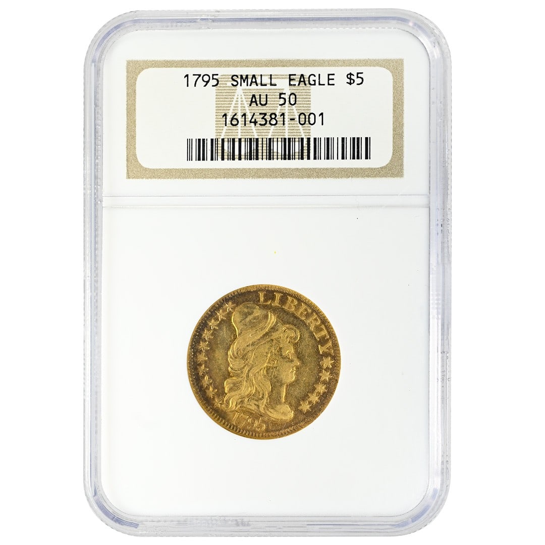 1795 NGC AU50 Draped Bust Gold $5 Type 1 Small Eagle: 1795 NGC AU50 Draped Bust Gold $5 Type 1 Small Eagle This 1795 $5 Draped Bust gold coin features the Type 1 Small Eagle reverse. Certified by NGC with an AU50 grade, this rare coin originates from the