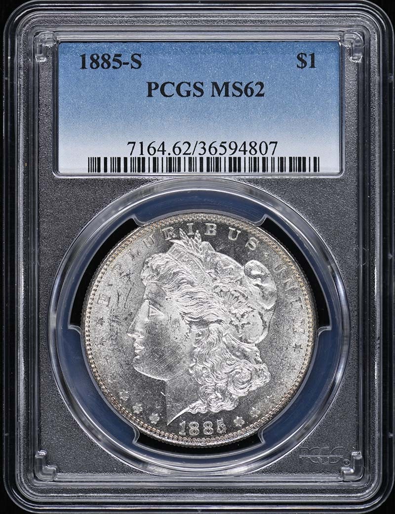 PCGS MS62 1885-S Morgan Silver Dollar: PCGS MS62 1885-S Morgan Silver Dollar This 1885 Morgan Dollar was minted in San Francisco and has been certified by PCGS with a grade of MS62. The coin is uncirculated and comes from the United States