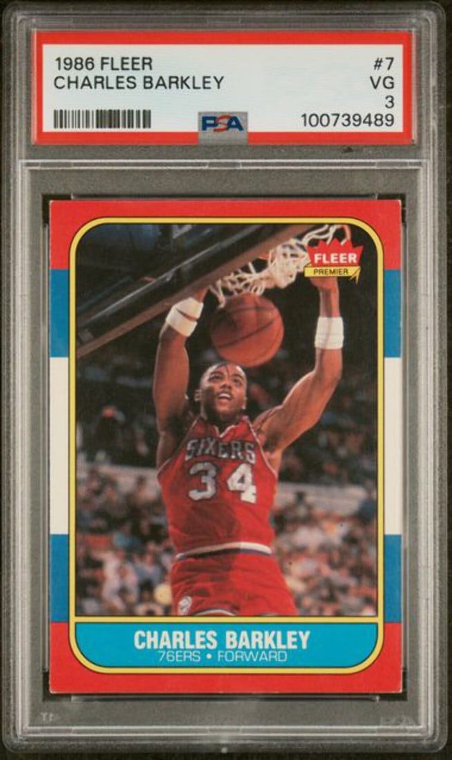 1986 Fleer Charles Barkley #7 Rookie Basketball Card PSA 3: 1986 Fleer Charles Barkley #7 Rookie Basketball Card PSA 3 This is a graded 1986 Fleer Charles Barkley #7 Rookie RC basketball card, encapsulated and authenticated by Professional Sports Authenticator