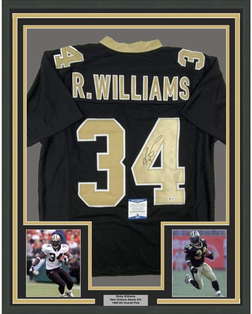 Framed Autographed Ricky Williams New Orleans Saints Jersey Beckett COA: Framed Autographed Ricky Williams New Orleans Saints Jersey Beckett COA Showcase your love for football with this professionally framed autographed black jersey of Ricky Williams, a standout player fo