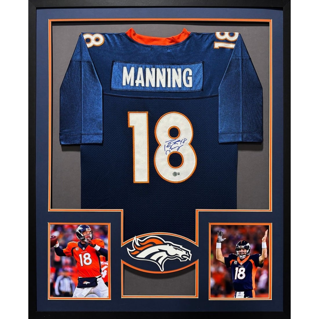 Peyton Manning Signed Blue Jersey Framed Beckett Denver Broncos: Peyton Manning Signed Blue Jersey Framed Beckett Denver Broncos This autographed Peyton Manning framed jersey is a stunning tribute to the Denver Broncos legend. Authenticated by Beckett, a leading na