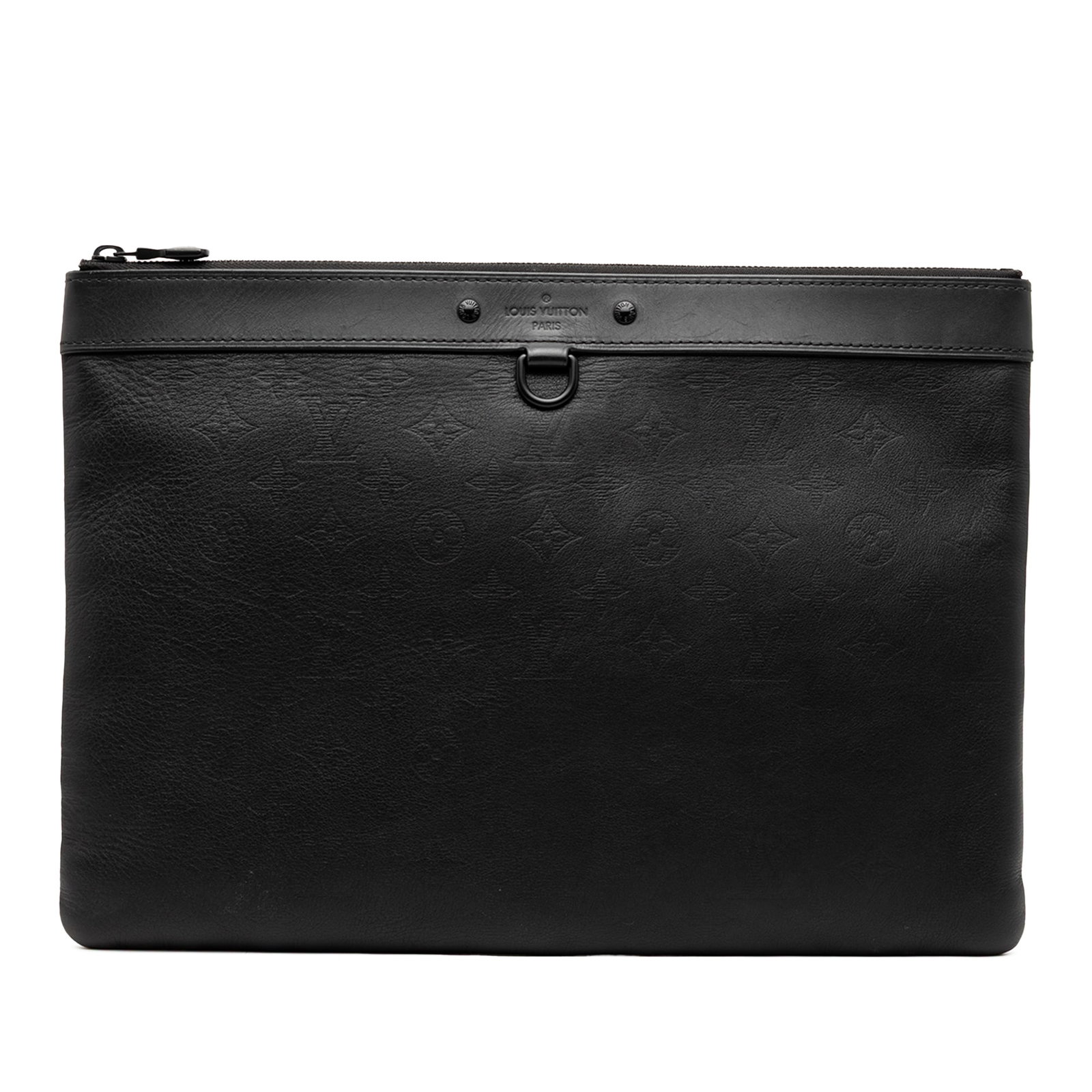 Monogram Shadow Discovery Black Leather Pouch by Louis Vuitton: Monogram Shadow Discovery Black Leather Pouch by Louis Vuitton The Louis Vuitton Monogram Shadow Discovery Pochette features a black leather body with a top zip closure and an interior slip pocket. Th