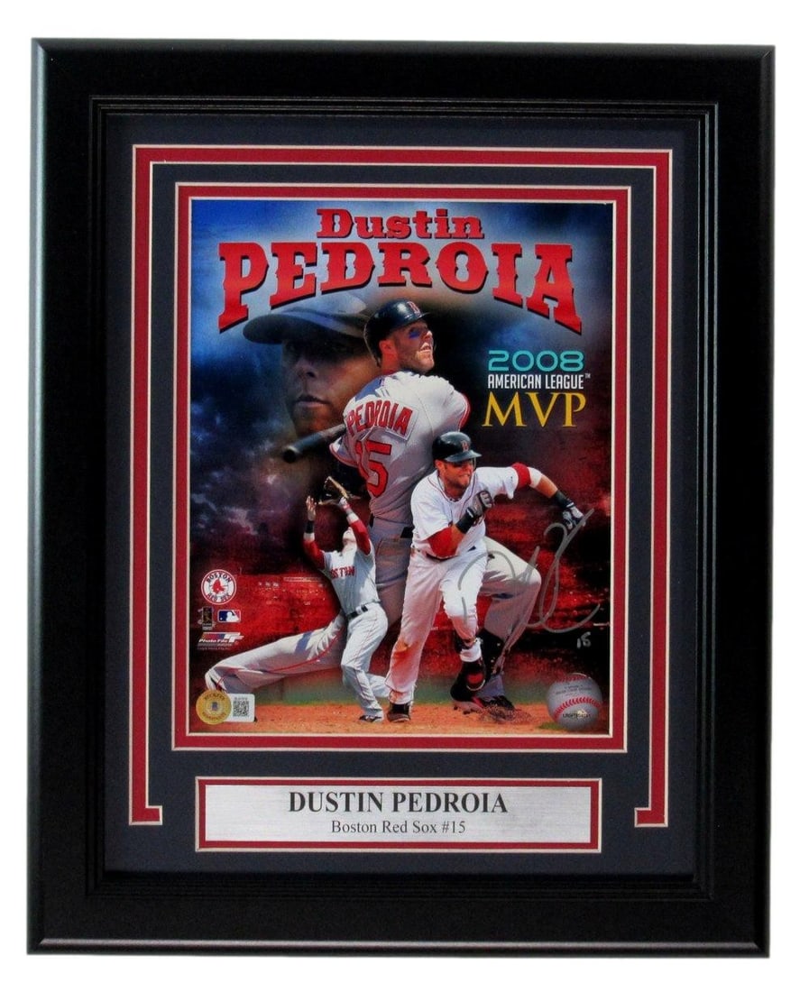 Framed 8x10 Photo Signed by Dustin Pedroia Beckett Authenticated: Framed 8x10 Photo Signed by Dustin Pedroia Beckett Authenticated This framed 8x10 photo features Dustin Pedroia of the Boston Red Sox and is hand-signed. The photo is authenticated by BAS/Beckett and 