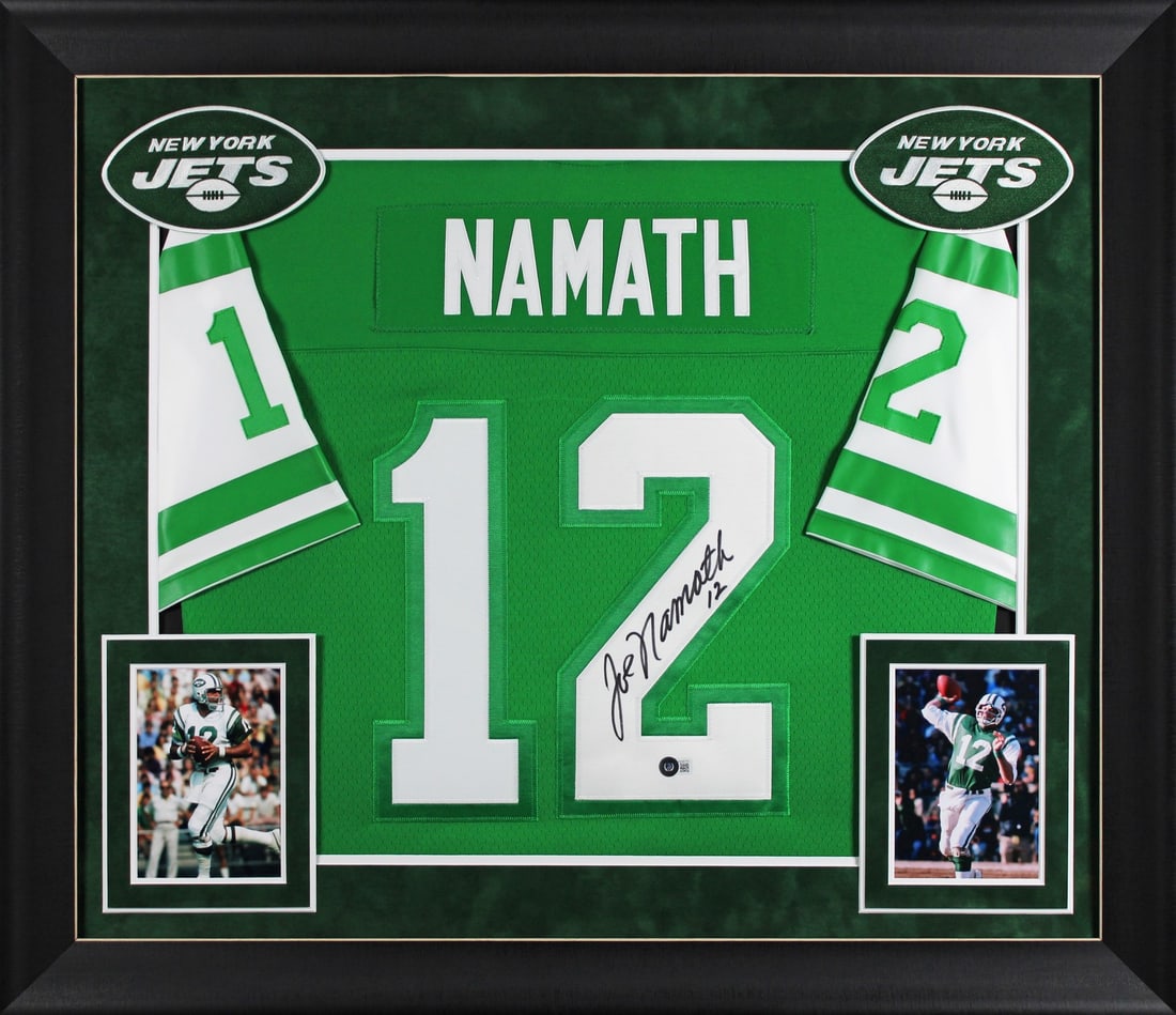 Joe Namath Signed Green Mitchell & Ness Jersey Framed New York Jets BAS: Joe Namath Signed Green Mitchell & Ness Jersey Framed New York Jets BAS Celebrate the legacy of Joe Namath with this authentic signed green Mitchell & Ness framed jersey. This original piece