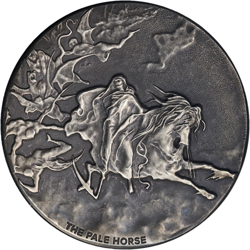 2015 Niue Biblical Series 2 oz Silver The Pale Horse Coin With OGP and COA: 2015 Niue Biblical Series 2 oz Silver The Pale Horse Coin With OGP and COA This 2015 Niue 2 ounce silver coin from the Biblical Coin Series features The Pale Horse design. Struck in .999 fine silver, 