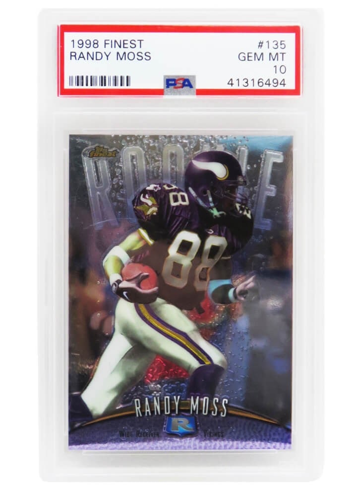 Randy Moss 1998 Topps Finest #135 PSA 10 Rookie Card Gem Mint: Randy Moss 1998 Topps Finest #135 PSA 10 Rookie Card Gem Mint This listing features a Randy Moss 1998 Topps Finest #135 rookie card, graded Gem Mint 10 by Professional Sports Authenticator (PSA). This