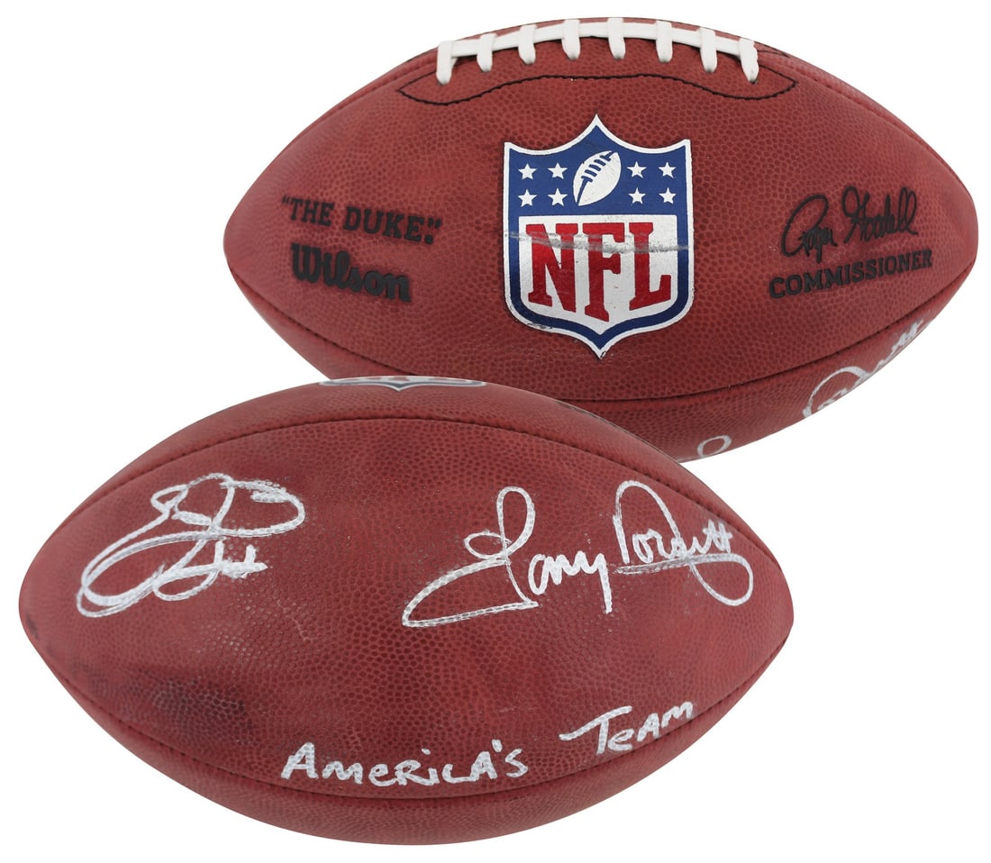 Tony Dorsett Emmitt Smith Signed NFL Football America's Team Beckett Authenticated: Tony Dorsett Emmitt Smith Signed NFL Football America's Team Beckett Authenticated This Official Wilson "The Duke" NFL Football features the signatures of legendary Dallas Cowboys players Tony Dorsett