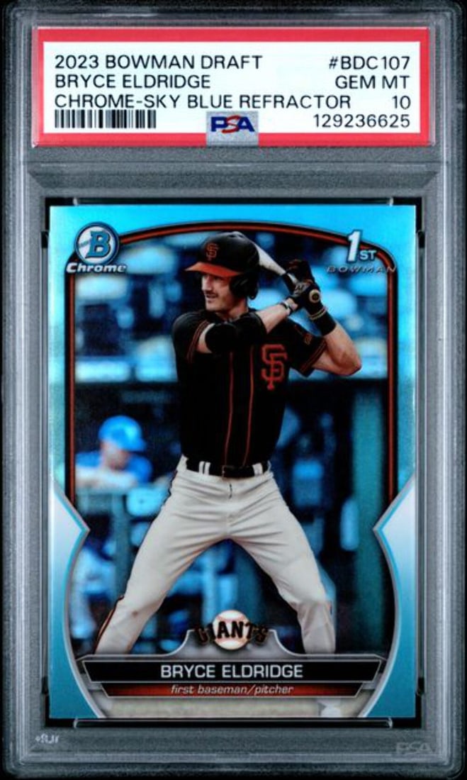 2023 Bowman Draft Bryce Eldridge Sky Blue REF Rookie Card PSA 10: 2023 Bowman Draft Bryce Eldridge Sky Blue REF Rookie Card PSA 10 This graded 2023 Bowman Draft Bryce Eldridge #BDC107 Sky Blue REF Rookie Card is encapsulated and has achieved a top grade of 10 from P