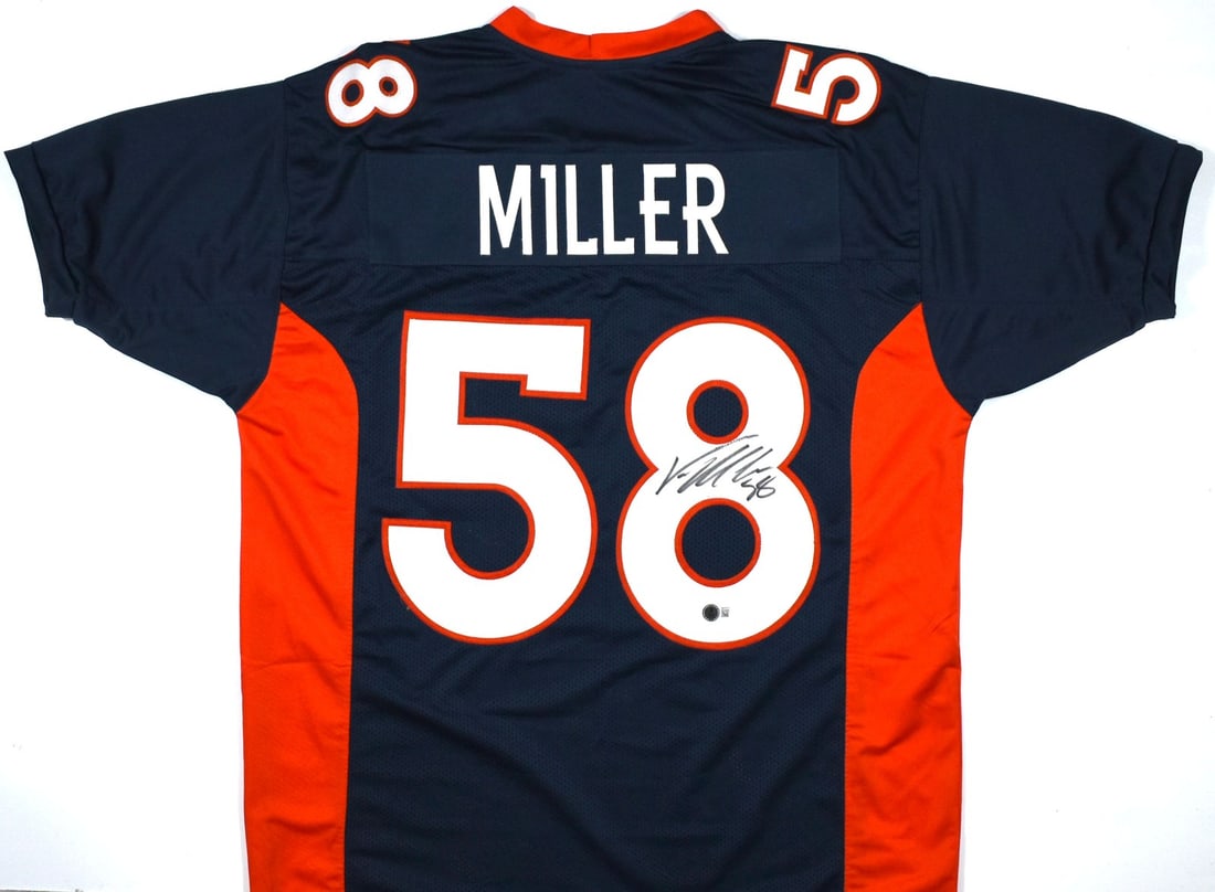 Blue Denver Broncos Jersey Signed by Von Miller Beckett W Hologram: Blue Denver Broncos Jersey Signed by Von Miller Beckett W Hologram This is a pre-owned blue pro style football jersey autographed by Von Miller. The jersey is an original item and features authenticat
