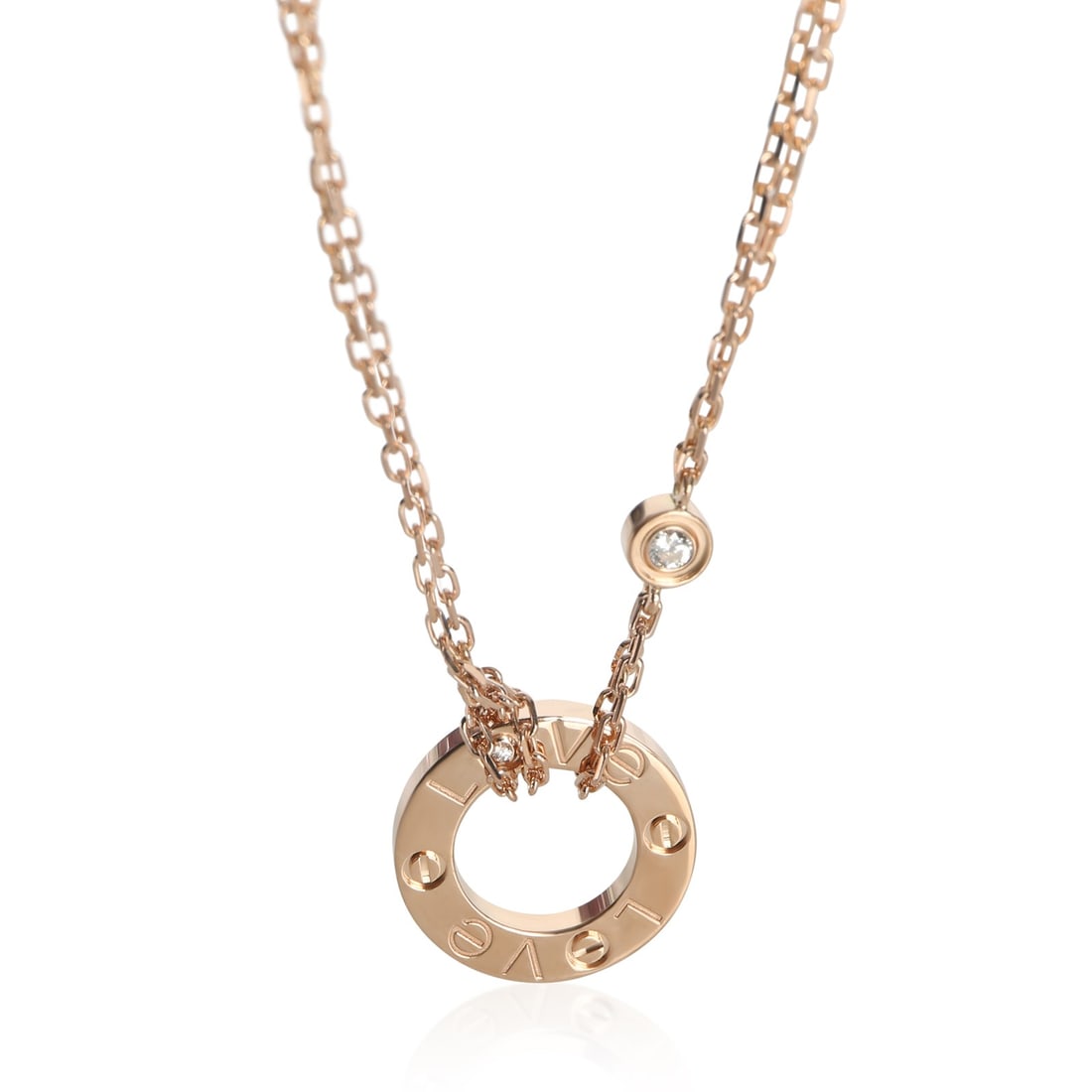 Love Collection 18k Rose Gold Diamond Necklace with Box and Papers: Love Collection 18k Rose Gold Diamond Necklace with Box and Papers This Cartier Love necklace features a round brilliant diamond set in 18k rose gold, offering a timeless and elegant design. The neckl