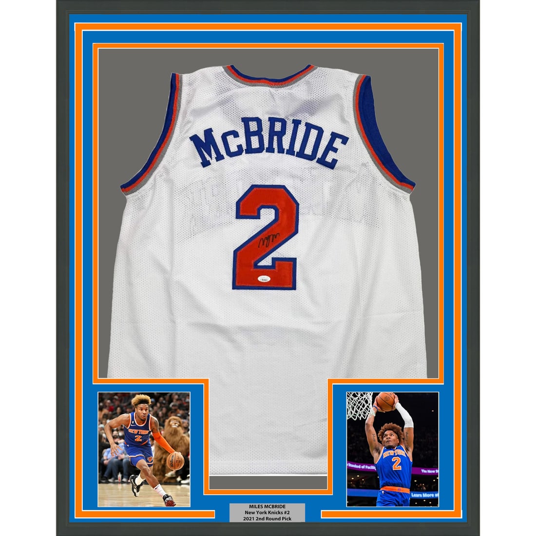 Framed Signed Miles McBride Jersey 35x39 JSA COA New York Knicks: Framed Signed Miles McBride Jersey 35x39 JSA COA New York Knicks Showcase your fan pride with this professionally framed and matted autographed 35x39 white jersey of NBA player Miles McBride from the 