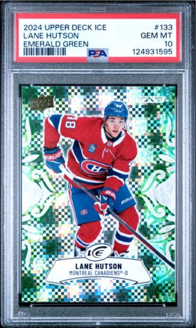 2024 Upper Deck Ice Lane Hutson #133 Emerald Green Rookie PSA 10 Authentic Card: 2024 Upper Deck Ice Lane Hutson #133 Emerald Green Rookie PSA 10 Authentic Card This is a graded 2024 Upper Deck Ice Lane Hutson #133 Emerald Green Rookie RC Card, featuring NHL player Lane Hutson of 