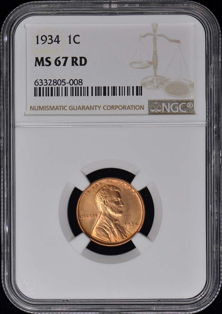 1934 NGC MS67RD Wheat Reverse Lincoln Cent Uncirculated: 1934 NGC MS67RD Wheat Reverse Lincoln Cent Uncirculated This 1934 Wheat Reverse Lincoln Cent is certified by NGC with a grade of MS67RD, indicating it is in uncirculated condition. Struck in Philadelp
