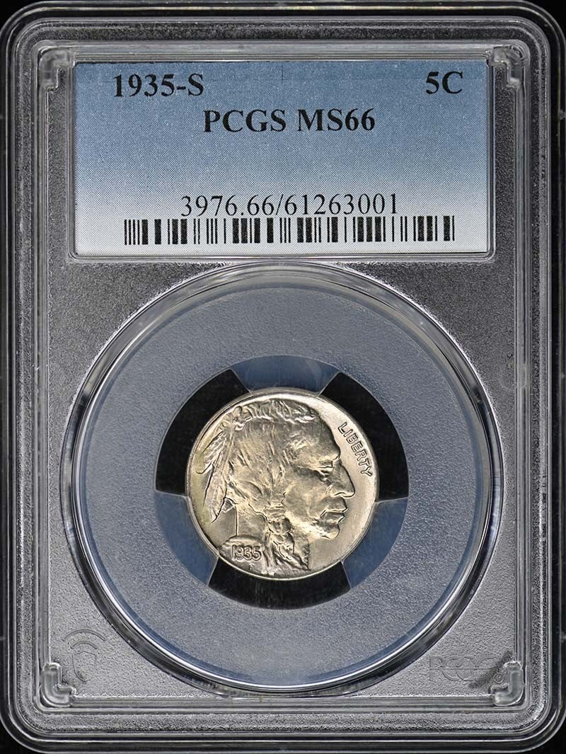PCGS MS66 1935-S Buffalo 5C San Francisco Nickel: PCGS MS66 1935-S Buffalo 5C San Francisco Nickel This 1935-S Buffalo Nickel is graded MS66 by PCGS, indicating a high-quality uncirculated coin. Minted in San Francisco, it features the classic