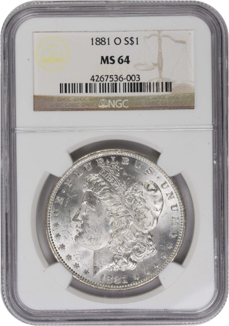NGC MS64 1881-O Morgan Dollar 90 Percent Silver New Orleans Mint: NGC MS64 1881-O Morgan Dollar 90 Percent Silver New Orleans Mint This 1881-O Morgan Silver Dollar is certified MS64 by NGC. Struck at the New Orleans Mint, it features a composition of 90% silver and 