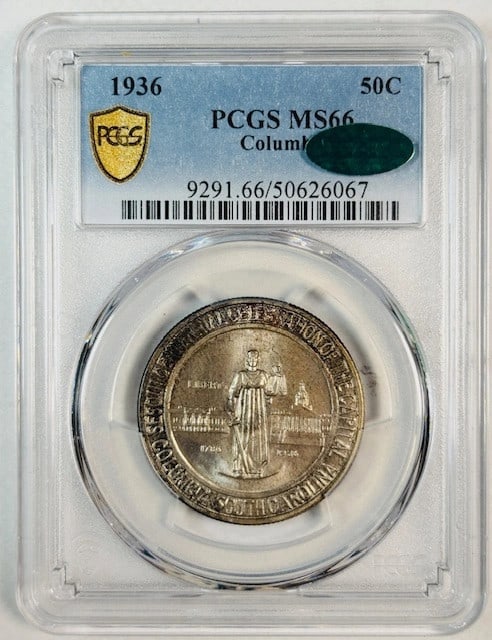 1936 Silver Dollar Columbia South Carolina PCGS MS66 CAC Certified: 1936 Silver Dollar Columbia South Carolina PCGS MS66 CAC Certified This 1936 P Classic Commemorative Columbia, South Carolina silver dollar has been certified by PCGS and CAC with an MS 66 grade. The 