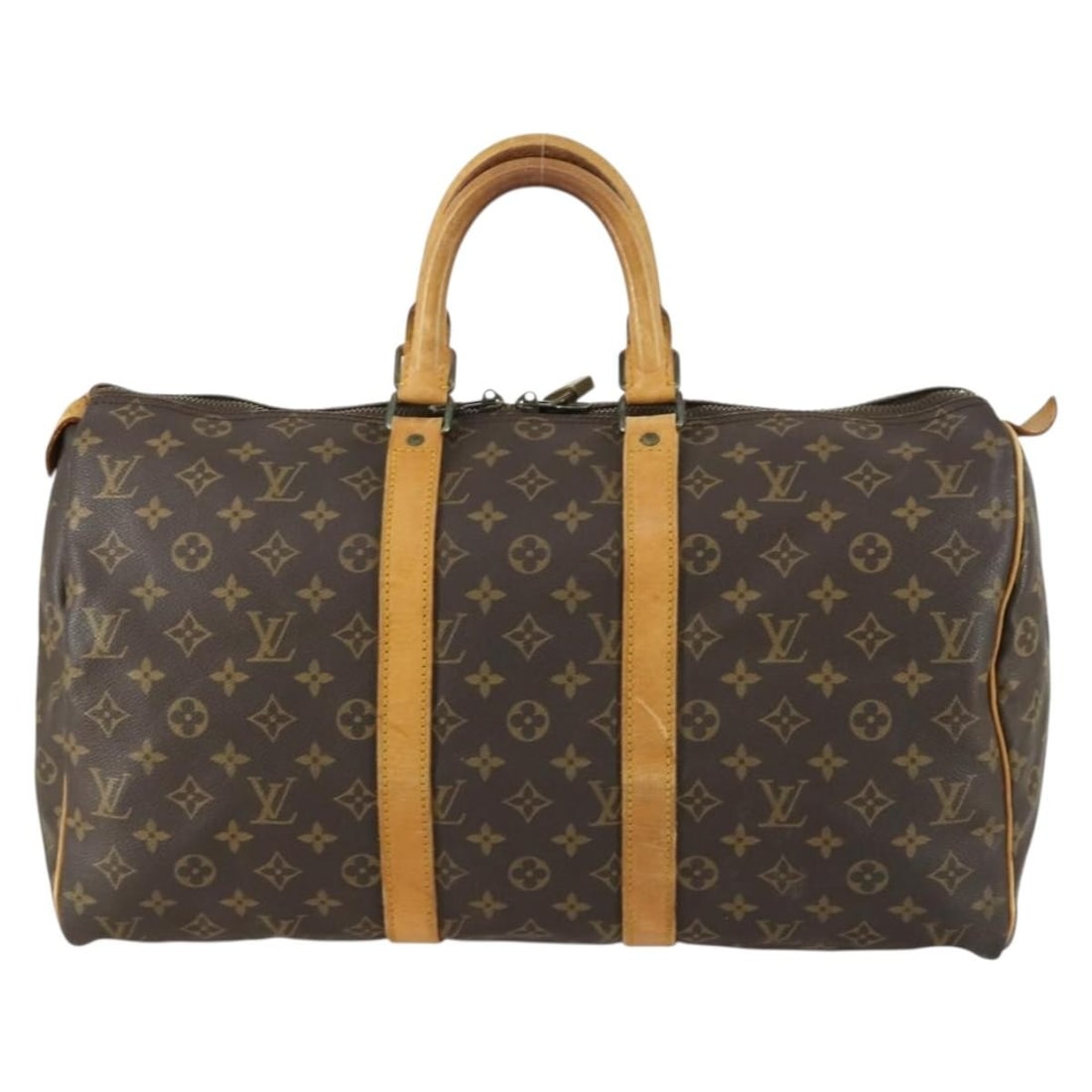 Louis Vuitton Keepall Monogram Brown Canvas Travel Bag 45cm: Louis Vuitton Keepall Monogram Brown Canvas Travel Bag 45cm This Louis Vuitton Keepall Bag features the iconic Monogram Canvas in brown, designed for unisex use. The exterior shows signs of wear, incl
