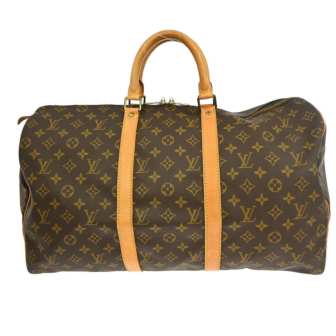 Louis Vuitton Keepall Monogram Canvas Brown Travel Bag 50cm: Louis Vuitton Keepall Monogram Canvas Brown Travel Bag 50cm This Louis Vuitton Keepall Bag features the signature Monogram canvas in brown and is designed for unisex use. The bag shows visible signs o