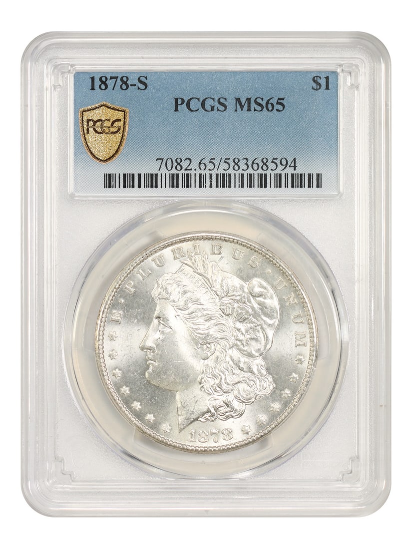 PCGS MS65 1878-S Morgan Silver Dollar San Francisco First Year: PCGS MS65 1878-S Morgan Silver Dollar San Francisco First Year This is an 1878 Morgan Dollar from the San Francisco Mint, graded MS65 by PCGS. As the first year of issue for the S-Mint Morgan Dollars,