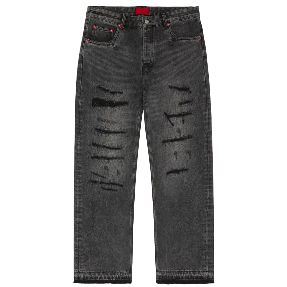 Washed Black Denim Jeans with Stone Rivet Detailing by Fugazi: Washed Black Denim Jeans with Stone Rivet Detailing by Fugazi The Fugazi Stone Rivet Washed Black Jeans offer a bold street-inspired aesthetic with a refined touch. Made from durable denim and finishe