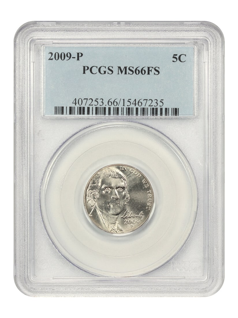 2009-P Jefferson Nickel 5C PCGS MS66 FS Uncirculated Coin: 2009-P Jefferson Nickel 5C PCGS MS66 FS Uncirculated Coin This 2009-P 5 Cent Jefferson Nickel is certified by PCGS with a grade of MS66 FS, indicating it is in uncirculated condition with full steps. 