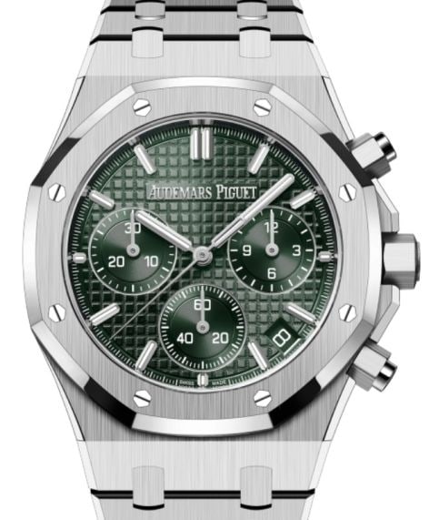 Audemars Piguet Royal Oak Chronograph Steel Watch Green Dial Ref 26240ST Card 2023: Audemars Piguet Royal Oak Chronograph Steel Watch Green Dial Ref 26240ST Card 2023 This Audemars Piguet Royal Oak Chrono wristwatch features a striking green dial and a robust stainless steel bracelet