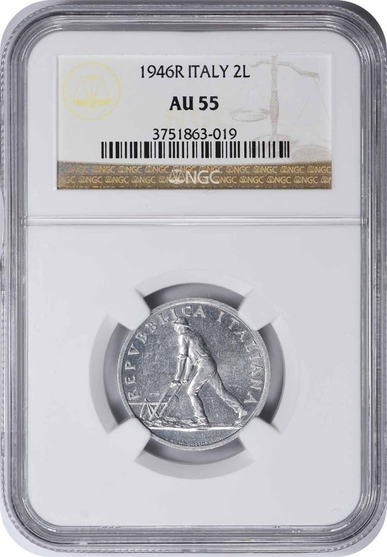 1946-R Italy 2 Lire Coin AU55 Certified NGC Aluminum: 1946-R Italy 2 Lire Coin AU55 Certified NGC Aluminum This is a 1946-R Italy 2 Lira coin, certified by NGC with a grade of AU55. The coin is made of aluminum and is in circulated condition, reflecting 