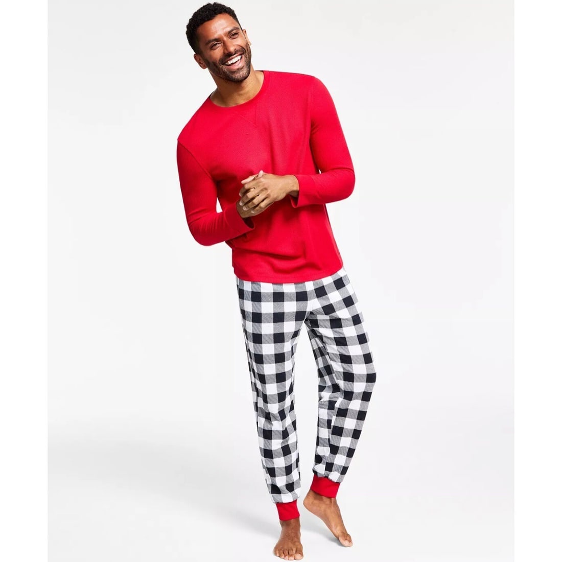 Family Pajamas Men's Lightweight Thermal Check Pajama Set Red S (1 of 3)