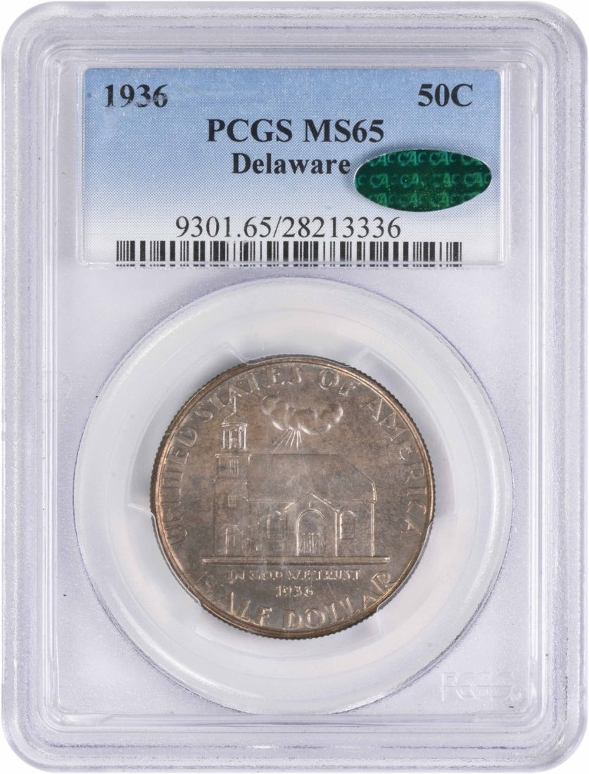 1936 Delaware Commemorative Silver Half Dollar MS65 PCGS CAC: 1936 Delaware Commemorative Silver Half Dollar MS65 PCGS CAC This 1936 Delaware Commemorative Silver Half Dollar is a remarkable piece of American history, encapsulating the essence of commemorative c