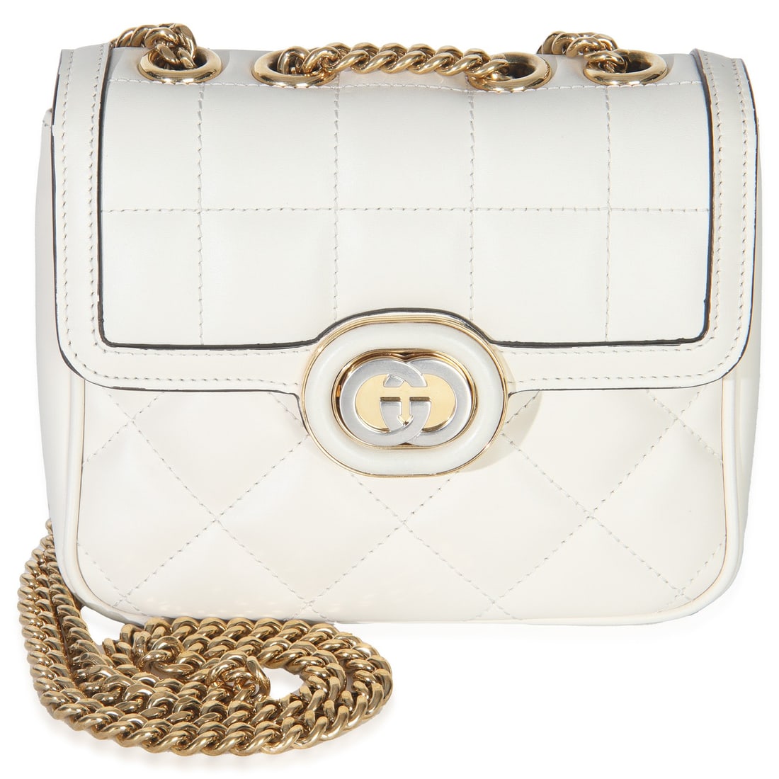 Mini Deco Chain Shoulder Bag in White Quilted Calfskin by Gucci: Mini Deco Chain Shoulder Bag in White Quilted Calfskin by Gucci This Gucci Mini Deco Chain Bag features a white quilted calfskin leather exterior and a compact mini size. The bag is designed with both