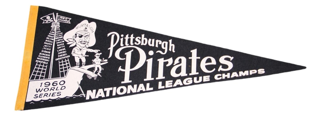 Vintage 1960 Pittsburgh Pirates World Series MLB Pennant 29": Vintage 1960 Pittsburgh Pirates World Series MLB Pennant 29" Celebrate baseball history with this vintage 1960 Pittsburgh Pirates World Series pennant. This officially licensed MLB item showcases the 